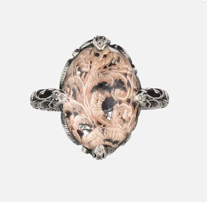 Anello in argento brunito intagliato, base in oro rosa 9 carati, diamanti brown e pietra piccola taglio cabochon - Mendes Gioielli srl