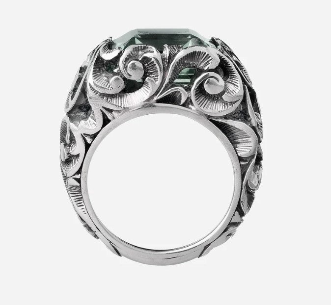 Anello in argento brunito inciso a mano e pietra taglio smeraldo - Mendes Gioielli srl