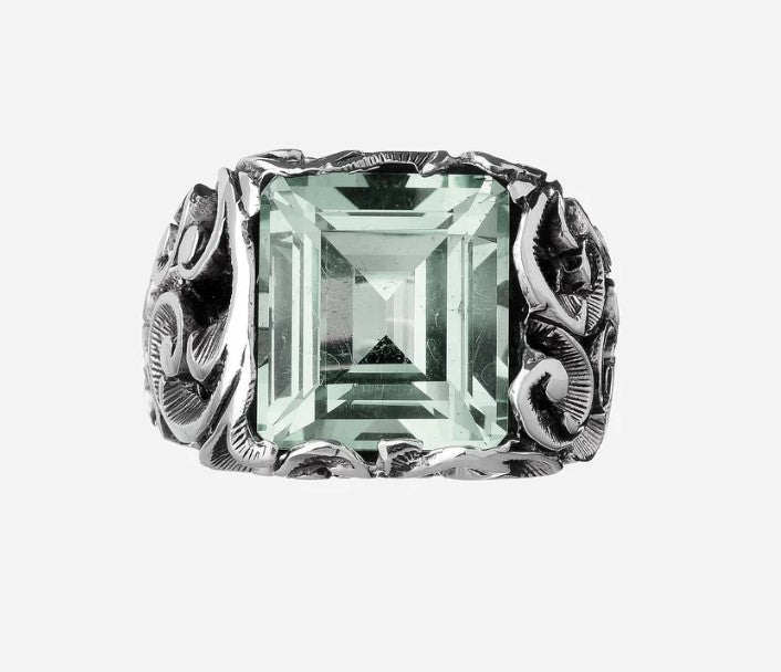 Anello in argento brunito inciso a mano e pietra taglio smeraldo - Mendes Gioielli srl
