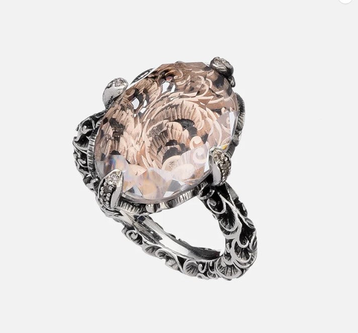 Anello in argento brunito intagliato, base in oro rosa 9 carati, diamanti brown e pietra piccola taglio cabochon - Mendes Gioielli srl